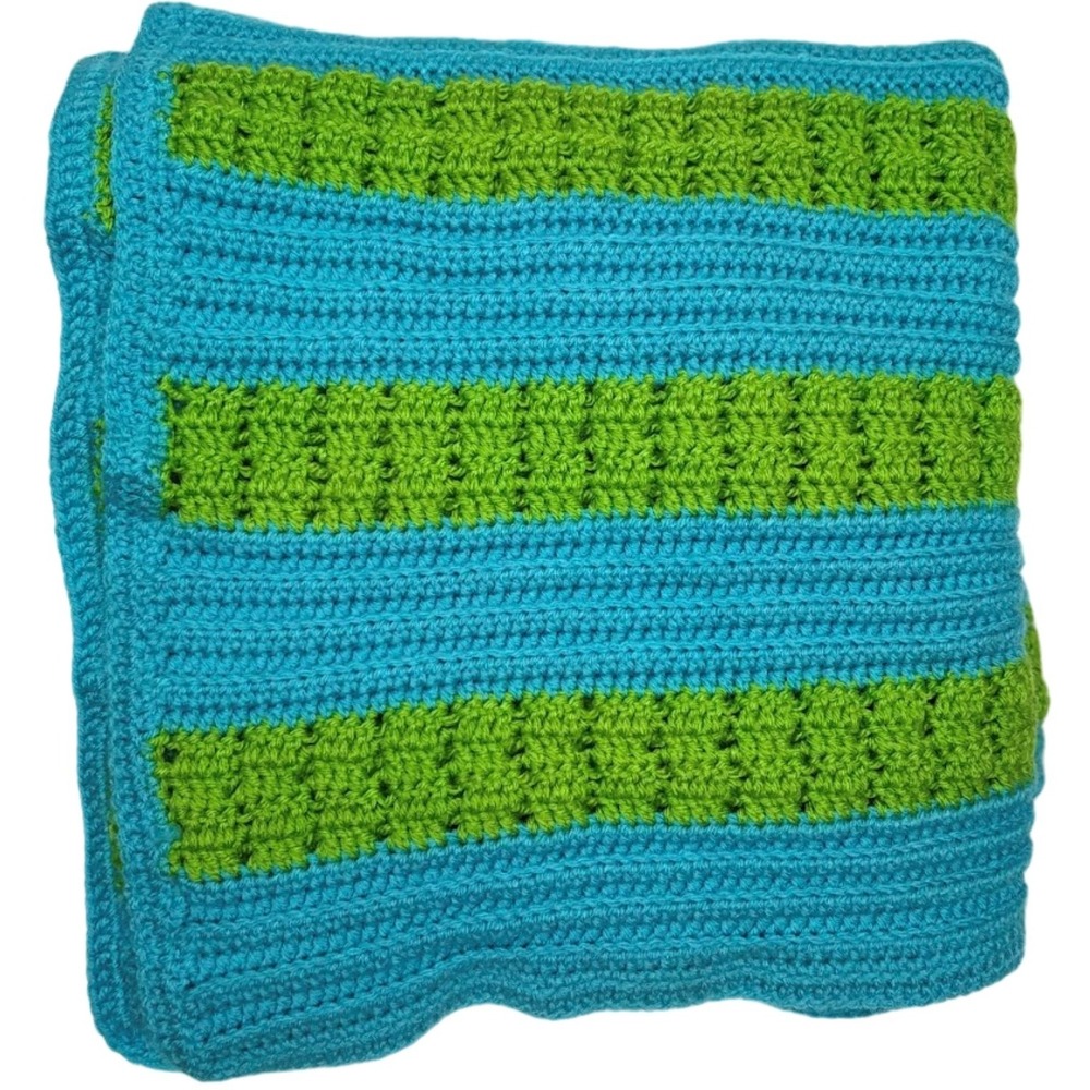 Handmade Crochet Turquoise Lime Green Striped Throw Blanket Soft 45x70 Blue‎